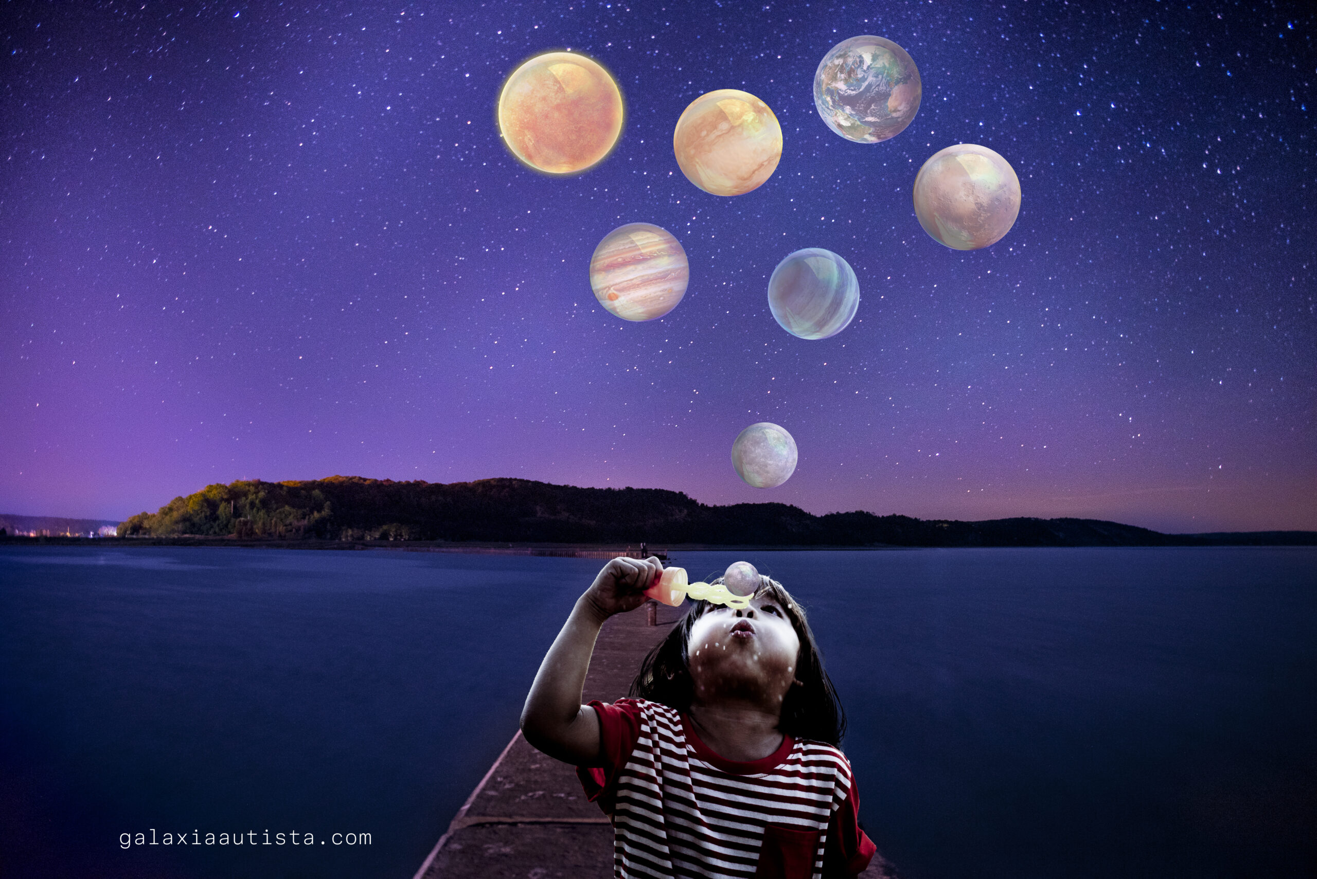 Niña con pompas de jabón de Galaxia Autista